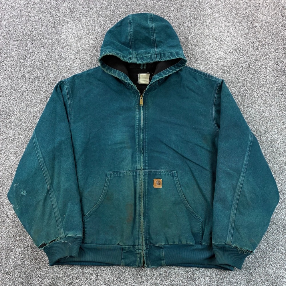 Vintage Carhartt Jacket Mens 2XL Faded Teal Green Canvas Hooded Thermal J25 DTL